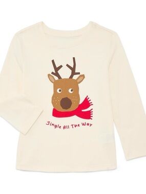 Holiday Time Cream Long-Sleeve Top with Brown Reindeer and Red Scarf